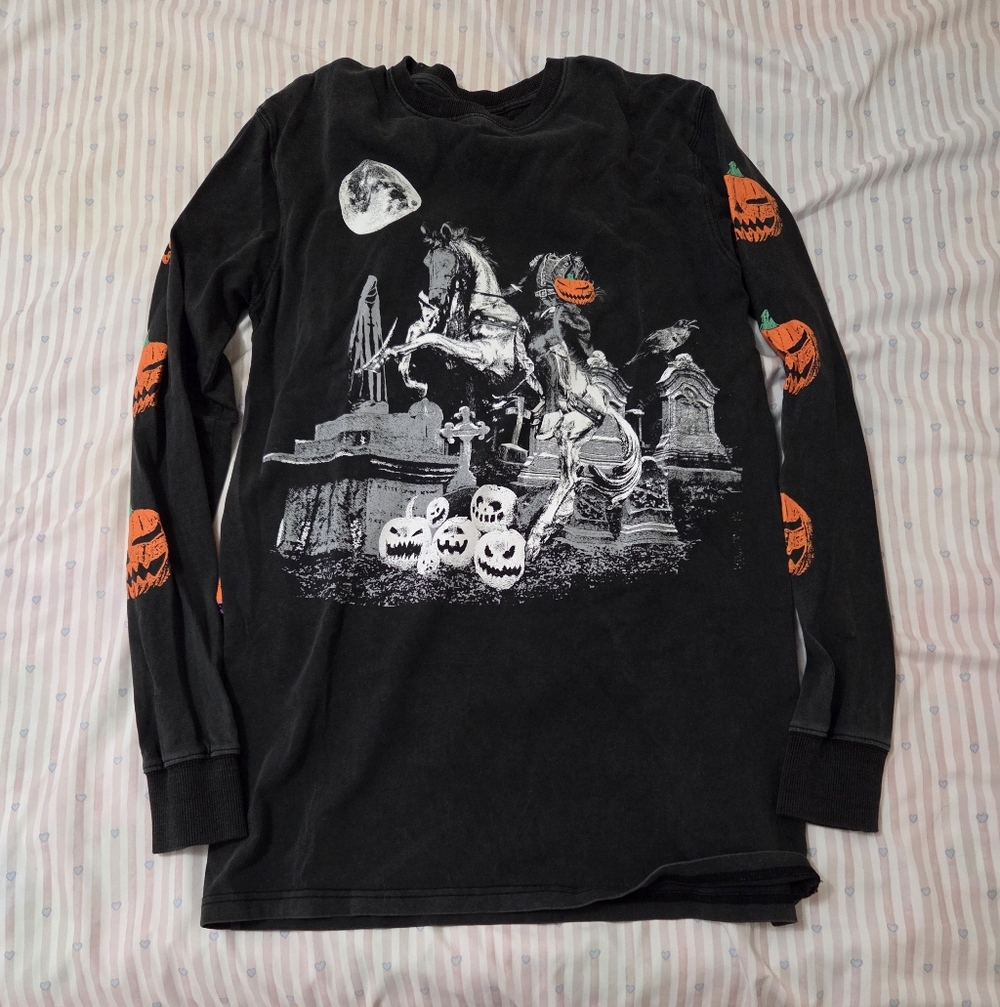 Gothic Black Long Sleeve Women's Tee with Pumpkin Accents